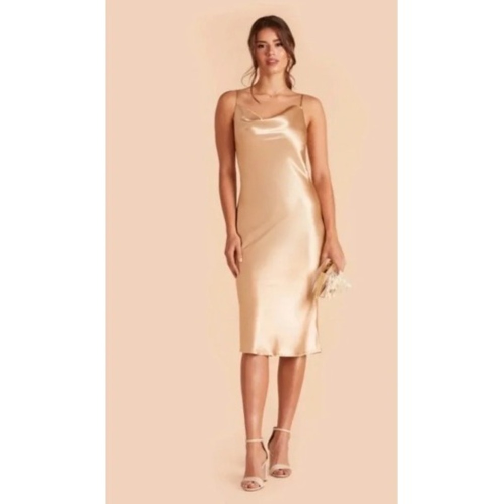 Birdy Grey Lisa Cowl Neck Midi Dress Champagne Gold Satin Bridesmaid Mens Medium